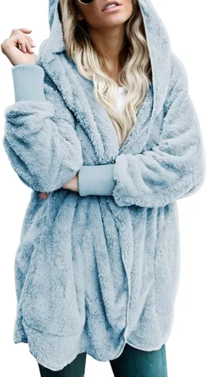 Dokotoo Womens 2024 Winter Long Sleeve Solid Fuzzy Fleece Open Front Hooded Cardigans Jacket Coats Outerwear with Pocket