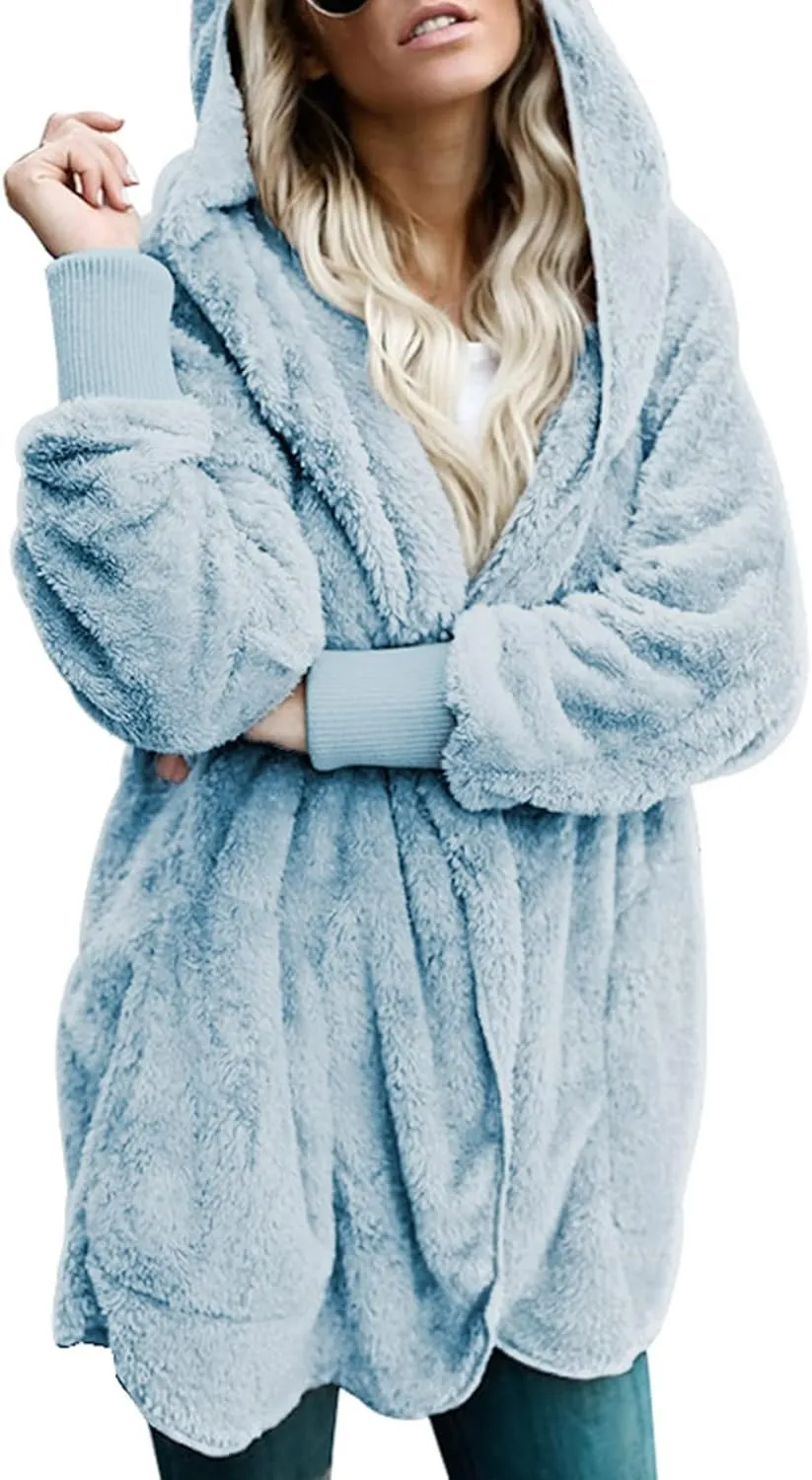 Dokotoo Womens 2024 Winter Long Sleeve Solid Fuzzy Fleece Open Front Hooded Cardigans Jacket Coats Outerwear with Pocket