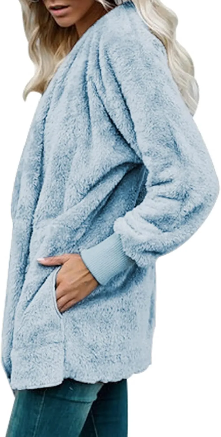 Dokotoo Womens 2024 Winter Long Sleeve Solid Fuzzy Fleece Open Front Hooded Cardigans Jacket Coats Outerwear with Pocket