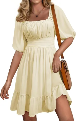 Dokotoo Womens Summer Dresses Square Neck Tie Back Lantern Sleeve Ruffle A-Line Casual Dress