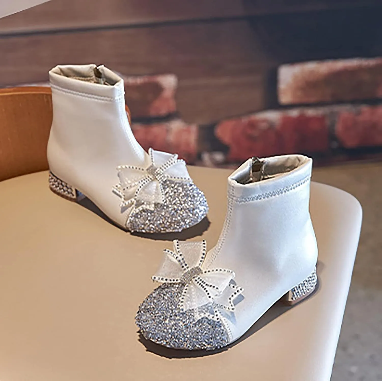 Dress Shoes for Girls Leather Shoes for Girls Glitter Ankle Boots Kids Low Heel Dress Toddler Flip (Silver, 3 Big Kids)