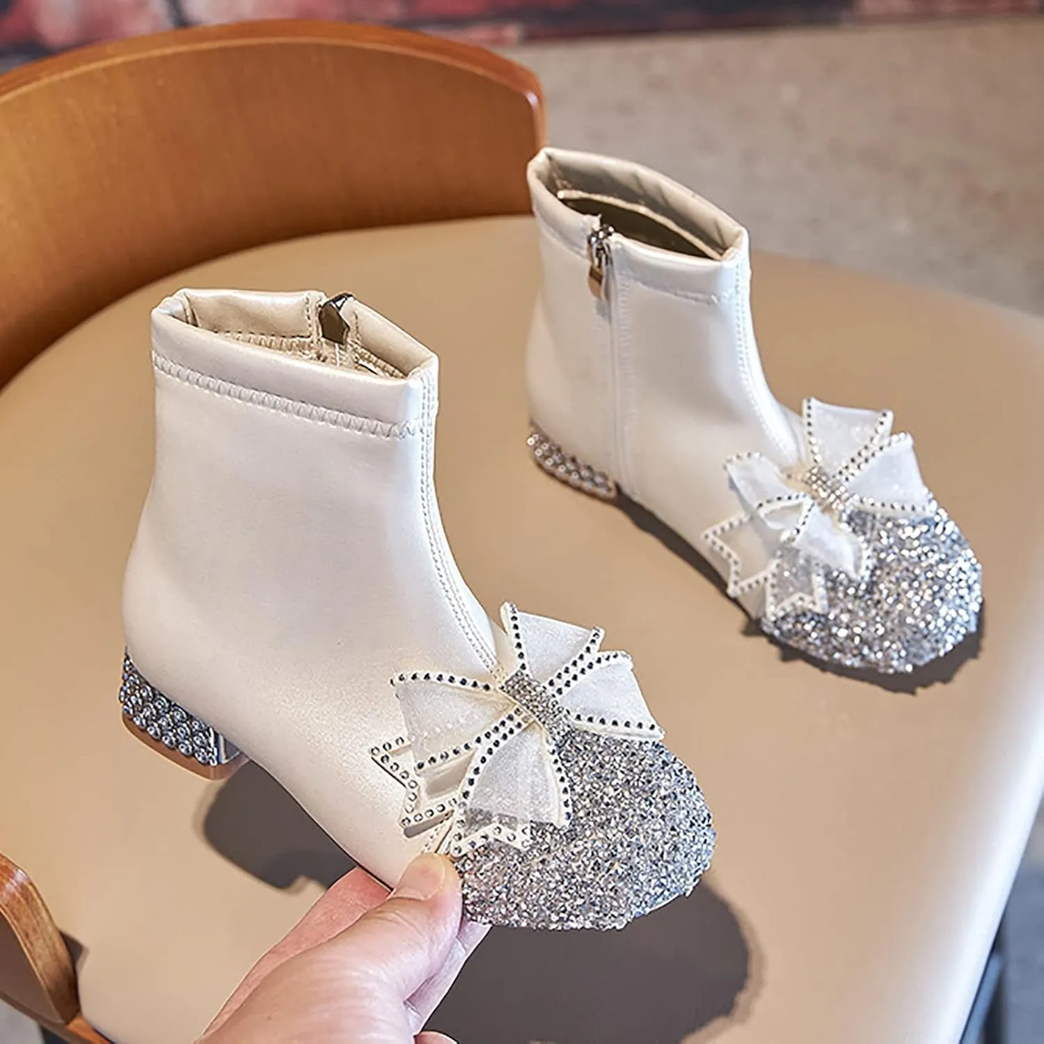 Dress Shoes for Girls Leather Shoes for Girls Glitter Ankle Boots Kids Low Heel Dress Toddler Flip (Silver, 3 Big Kids)