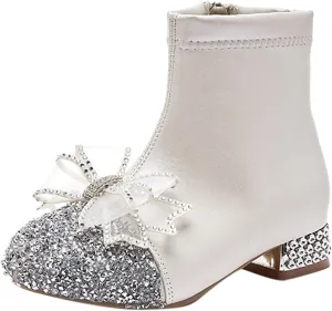 Dress Shoes for Girls Leather Shoes for Girls Glitter Ankle Boots Kids Low Heel Dress Toddler Flip (Silver, 3 Big Kids)