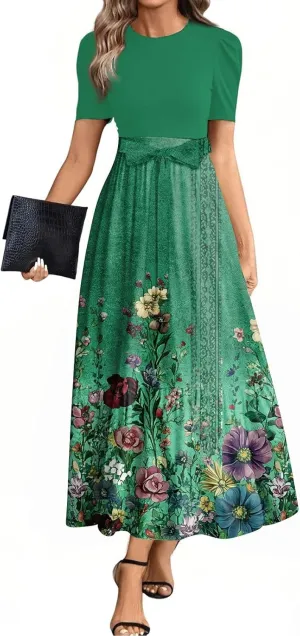 Dresses for Women 2025 Short Sleeve Round Neck Knee Length Dress A Line Long Flowy Beach Dress