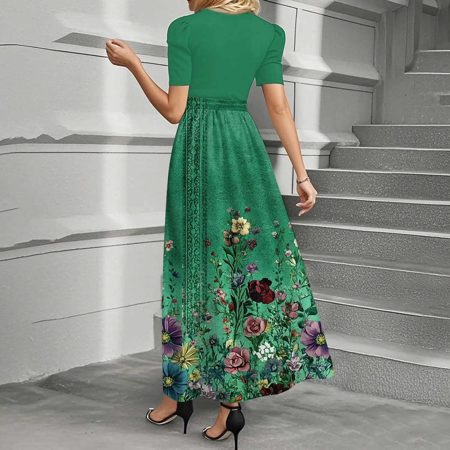 Dresses for Women 2025 Short Sleeve Round Neck Knee Length Dress A Line Long Flowy Beach Dress