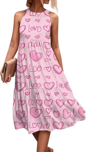 Dresses for Women 2025 Sleeveless Floral Print Tank Dresses Hanging Neck Splicing Midi Dresses Loose Sundresses