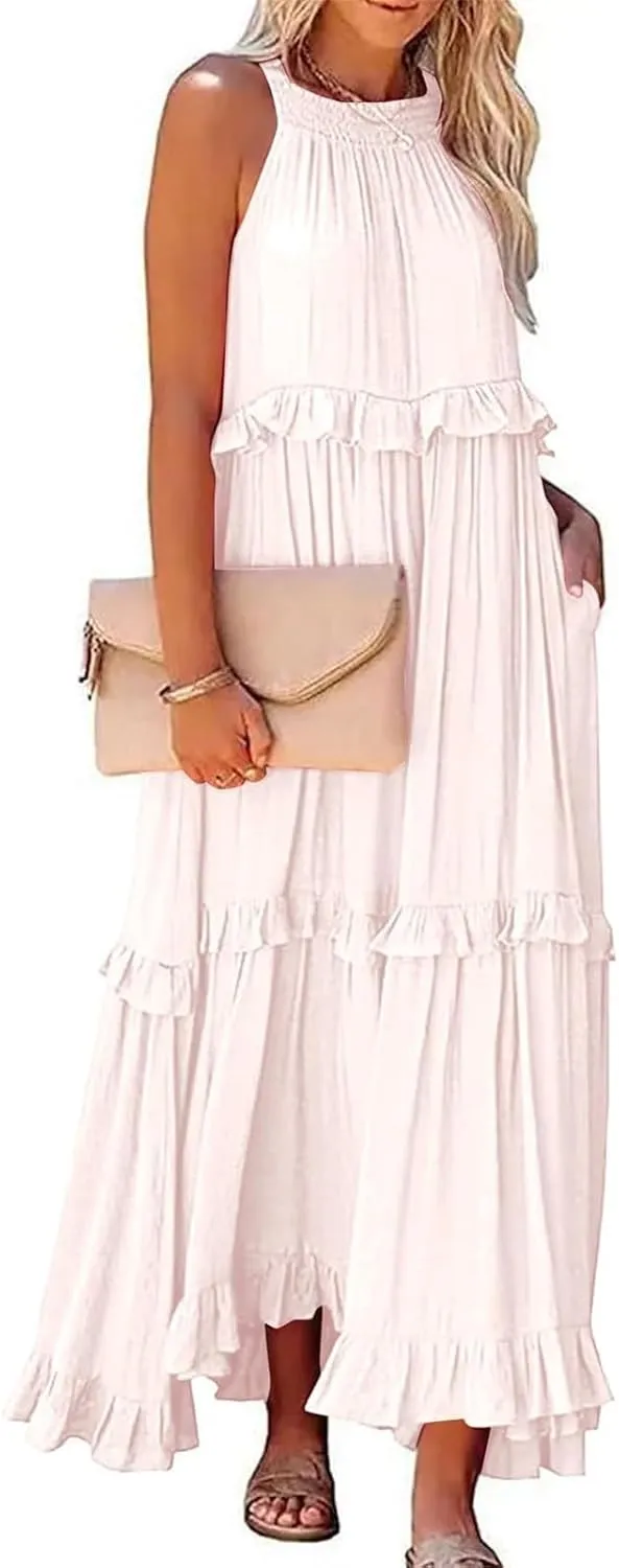 Dresses for Women Loose Plain Maxi Big Swing Beach Dress 2024 Shoulder Sleeveless Ruffle Hem Flowy Long Dresses