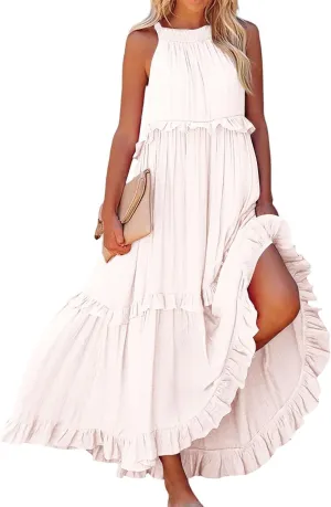 Dresses for Women Loose Plain Maxi Big Swing Beach Dress 2024 Shoulder Sleeveless Ruffle Hem Flowy Long Dresses