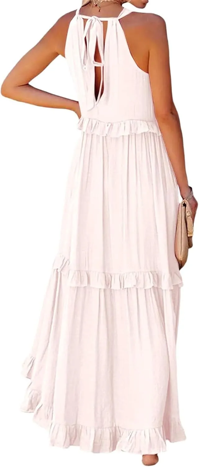 Dresses for Women Loose Plain Maxi Big Swing Beach Dress 2024 Shoulder Sleeveless Ruffle Hem Flowy Long Dresses