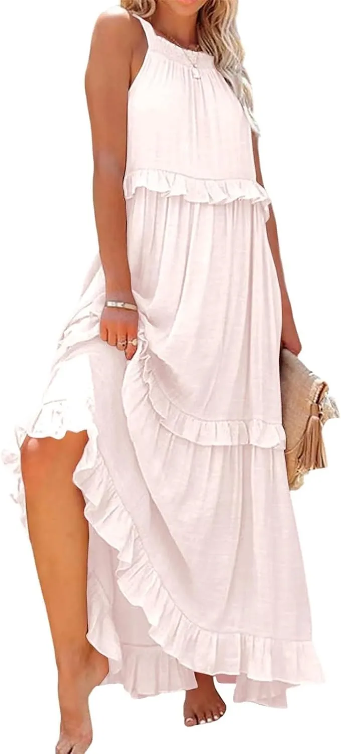 Dresses for Women Loose Plain Maxi Big Swing Beach Dress 2024 Shoulder Sleeveless Ruffle Hem Flowy Long Dresses