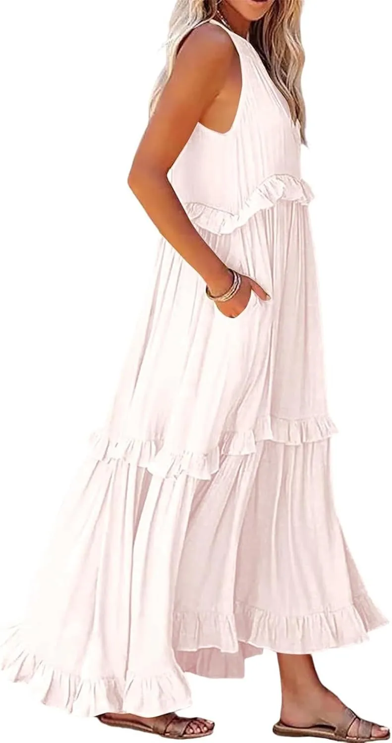 Dresses for Women Loose Plain Maxi Big Swing Beach Dress 2024 Shoulder Sleeveless Ruffle Hem Flowy Long Dresses