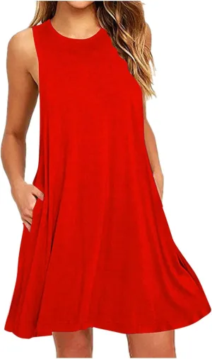 Dresses for Women Summer Sleeveless Casual Dress Solid Crewneck Sundresses Loose Midi Beach Clothes with Pocket