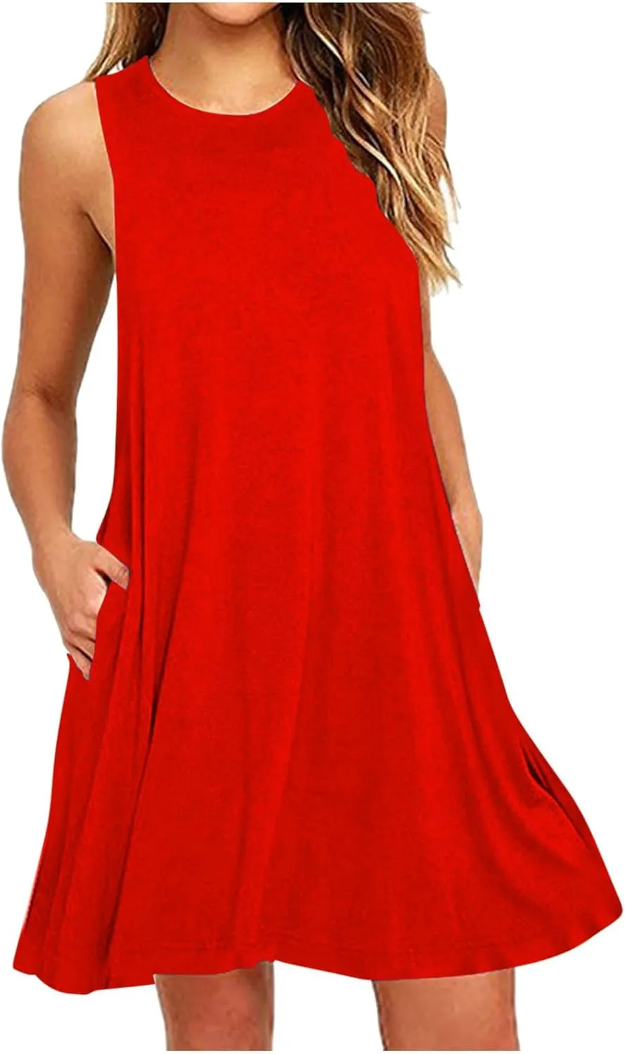 Dresses for Women Summer Sleeveless Casual Dress Solid Crewneck Sundresses Loose Midi Beach Clothes with Pocket