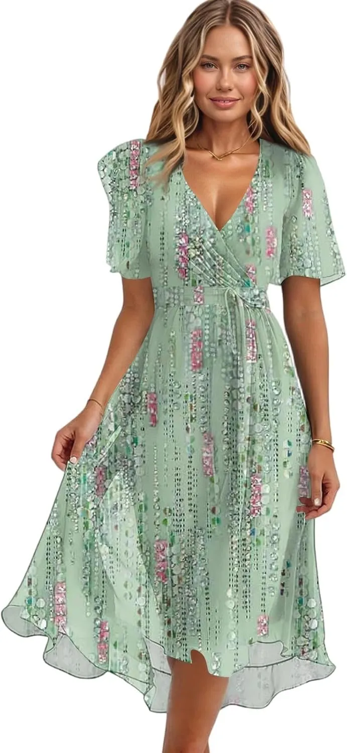 Dresses for Women,Chiffon Sexy Midi Dresses Short Sleeve Flowy Wrap Wedding Guest Womens Summer Dress Cocktail Prom