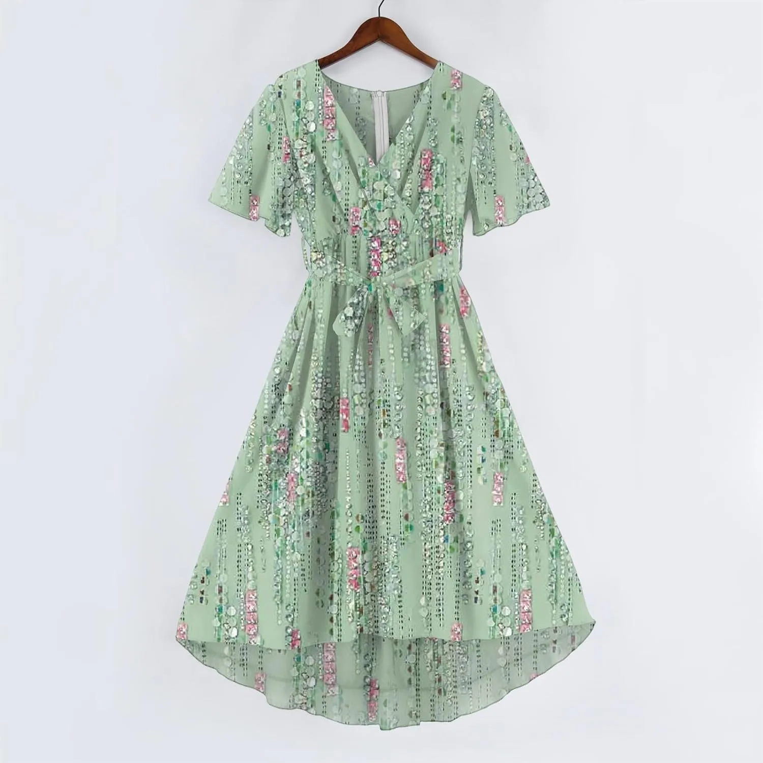 Dresses for Women,Chiffon Sexy Midi Dresses Short Sleeve Flowy Wrap Wedding Guest Womens Summer Dress Cocktail Prom