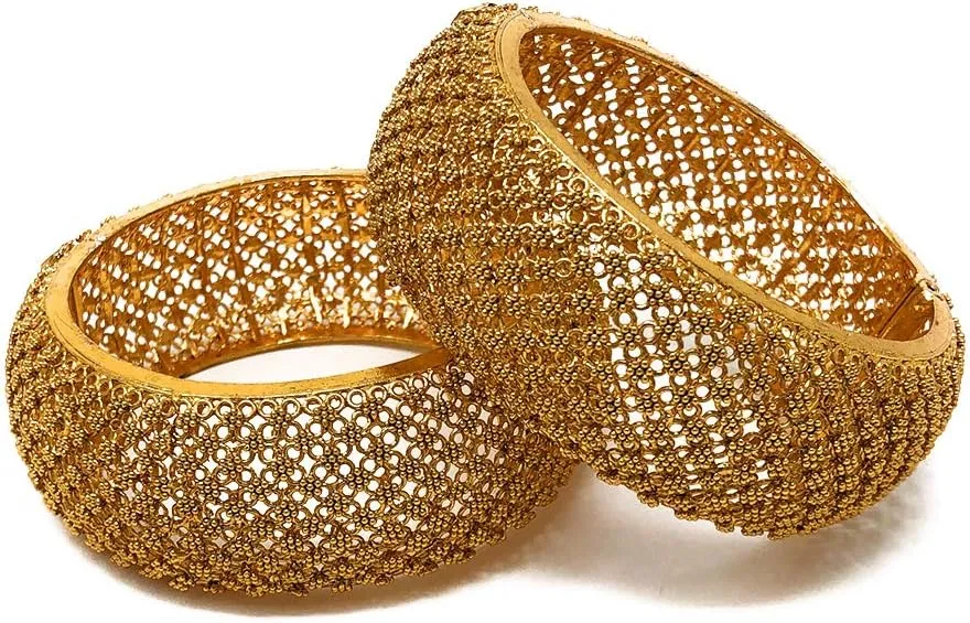 Duel On Jewel Indian Pakistani Bridal Womens Openable Kada Bangle Bracelet Sets, Gold-Plated with Zircon, Polki, Meenakari Enamel, Filigree Designs, 0.75-1.38 Inch Width, Medium Size 2-6, Party Gift
