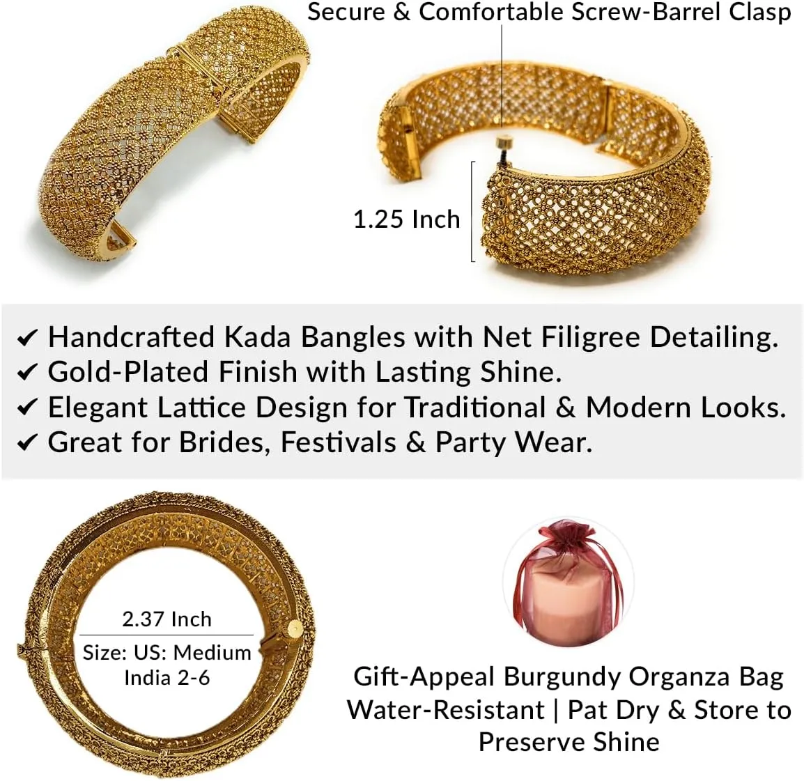 Duel On Jewel Indian Pakistani Bridal Womens Openable Kada Bangle Bracelet Sets, Gold-Plated with Zircon, Polki, Meenakari Enamel, Filigree Designs, 0.75-1.38 Inch Width, Medium Size 2-6, Party Gift