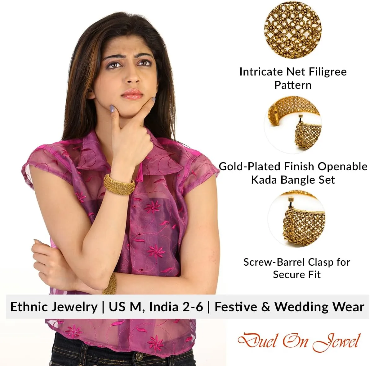 Duel On Jewel Indian Pakistani Bridal Womens Openable Kada Bangle Bracelet Sets, Gold-Plated with Zircon, Polki, Meenakari Enamel, Filigree Designs, 0.75-1.38 Inch Width, Medium Size 2-6, Party Gift