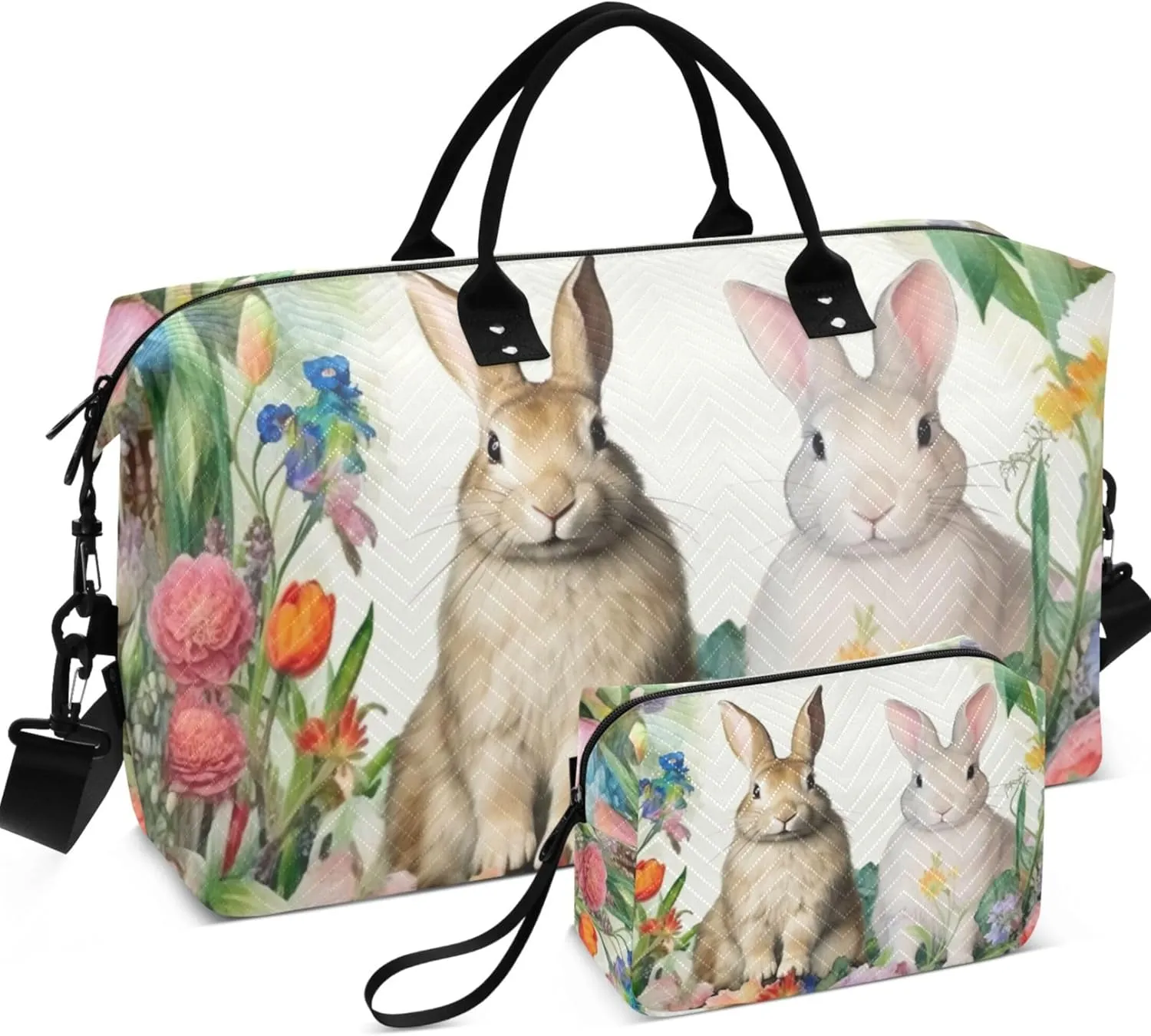 Easter Bunnies Floral Travel Duffle Women Toiletry Pouches Set of 2, Flower Womens Gym Bags Tote Carry on Bag