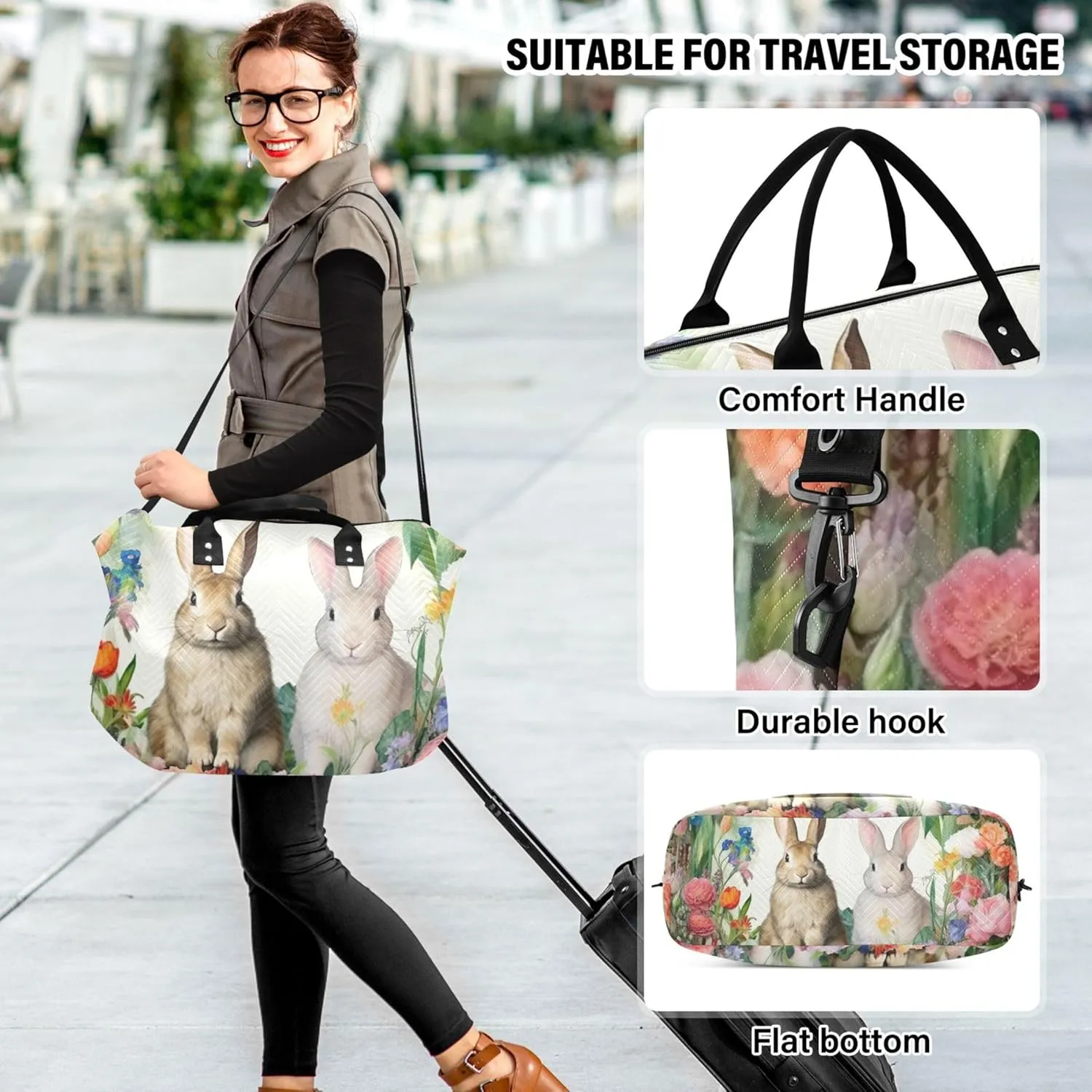 Easter Bunnies Floral Travel Duffle Women Toiletry Pouches Set of 2, Flower Womens Gym Bags Tote Carry on Bag