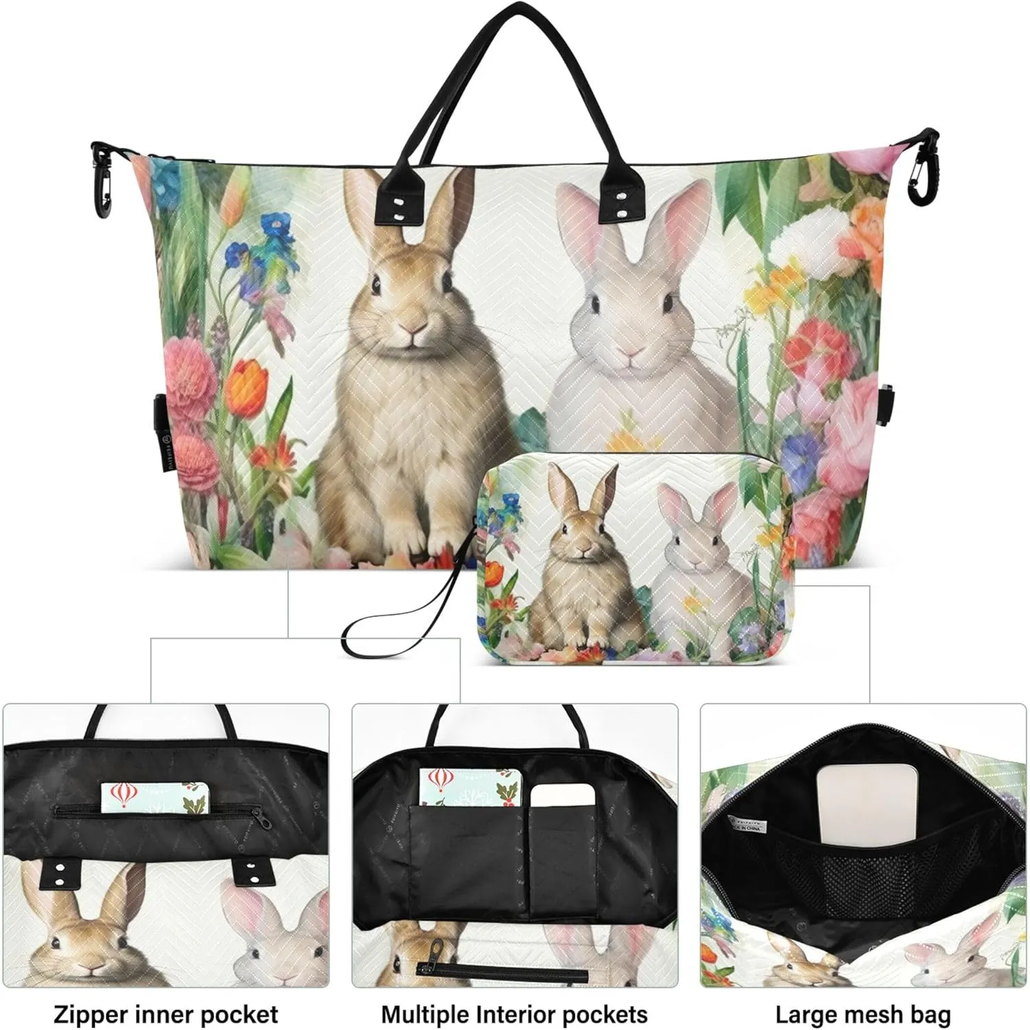 Easter Bunnies Floral Travel Duffle Women Toiletry Pouches Set of 2, Flower Womens Gym Bags Tote Carry on Bag