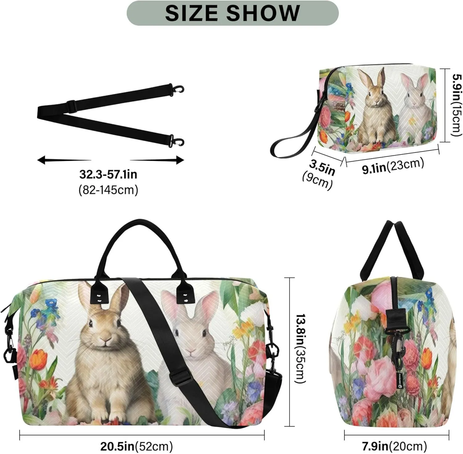 Easter Bunnies Floral Travel Duffle Women Toiletry Pouches Set of 2, Flower Womens Gym Bags Tote Carry on Bag