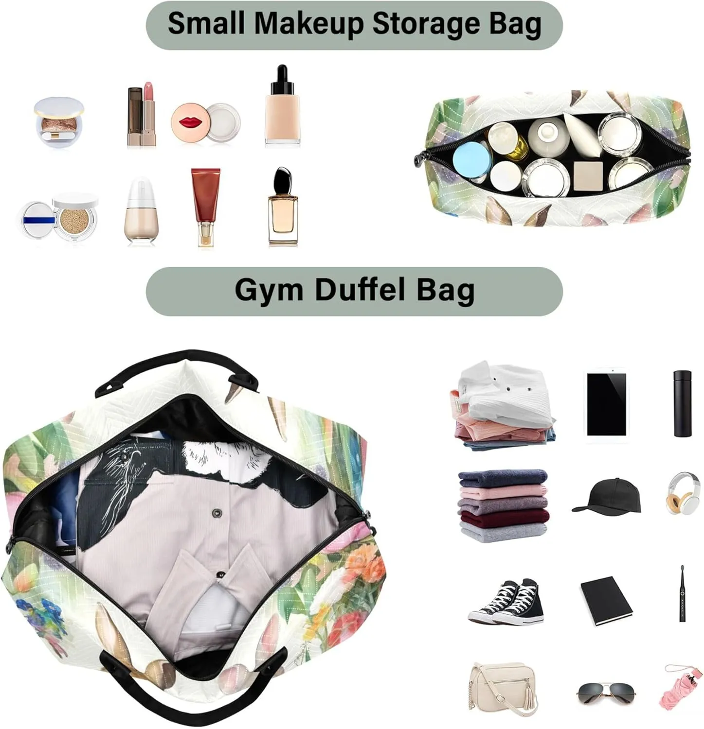 Easter Bunnies Floral Travel Duffle Women Toiletry Pouches Set of 2, Flower Womens Gym Bags Tote Carry on Bag