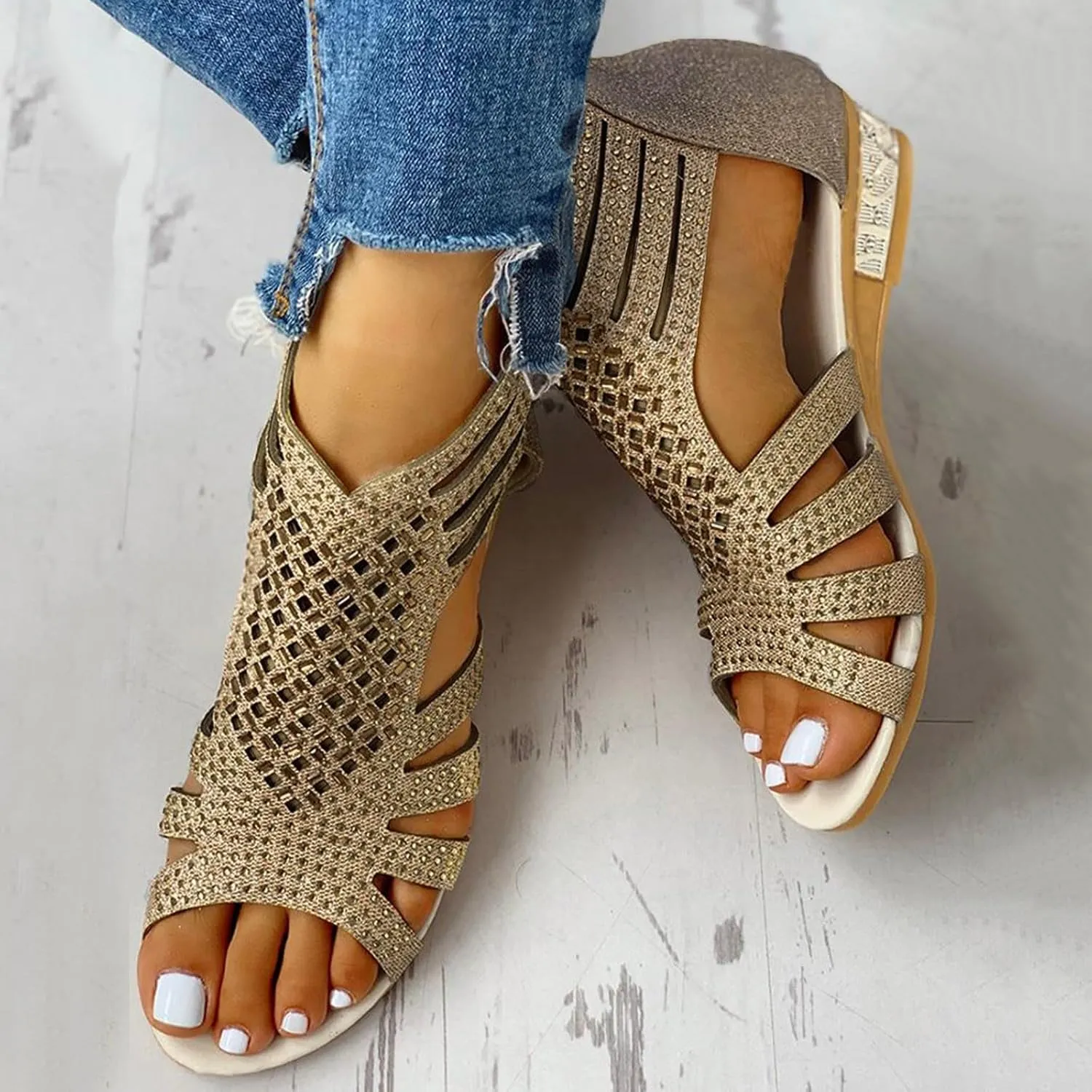 Eduavar Comfortable Sandals for Women, Gladiator Sandals for Women Rhinestone Low Wedge Sandals Summer Zip Up Sandals Shoes