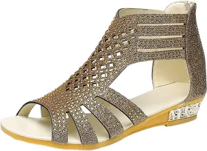 Eduavar Comfortable Sandals for Women, Gladiator Sandals for Women Rhinestone Low Wedge Sandals Summer Zip Up Sandals Shoes