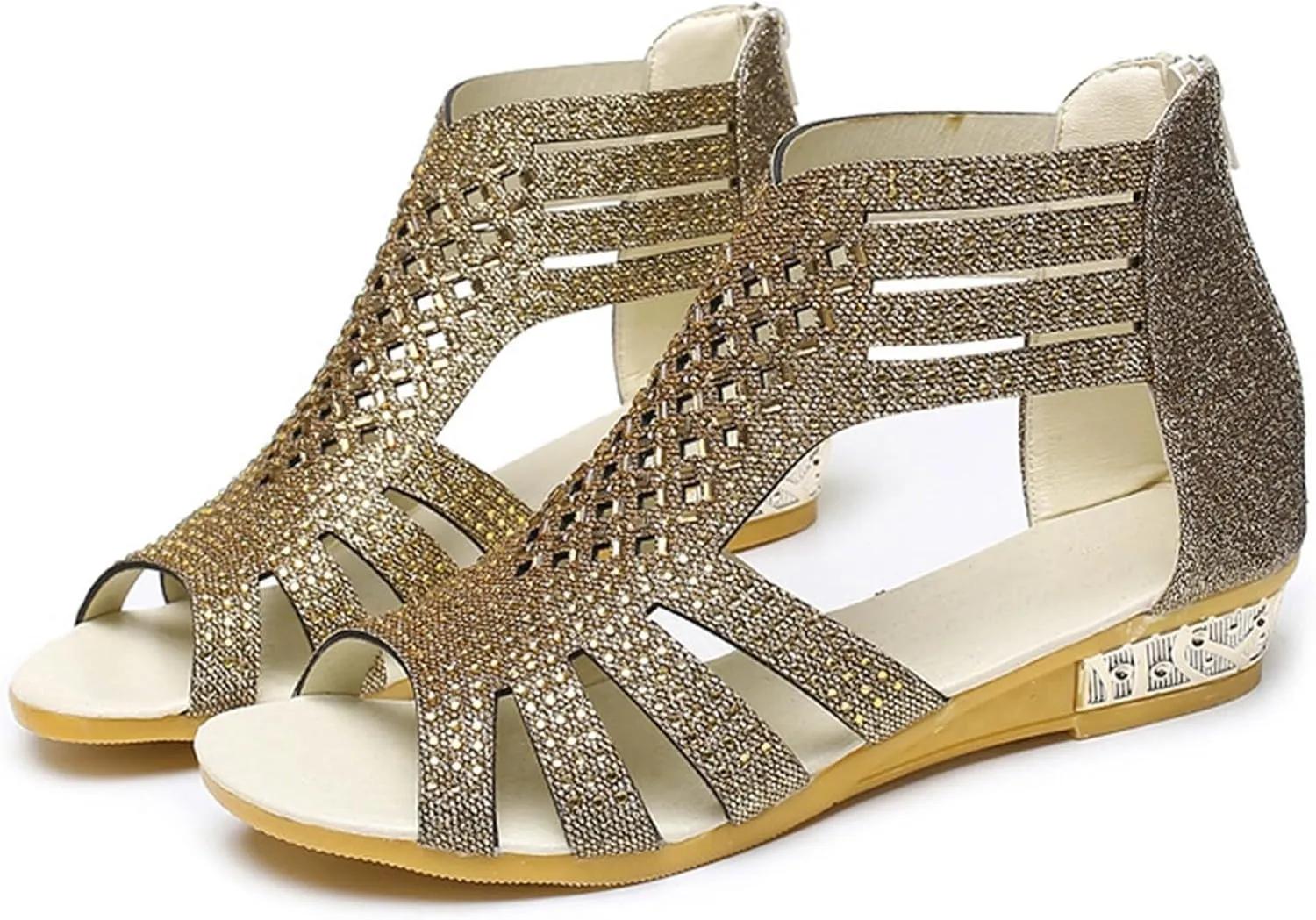 Eduavar Comfortable Sandals for Women, Gladiator Sandals for Women Rhinestone Low Wedge Sandals Summer Zip Up Sandals Shoes