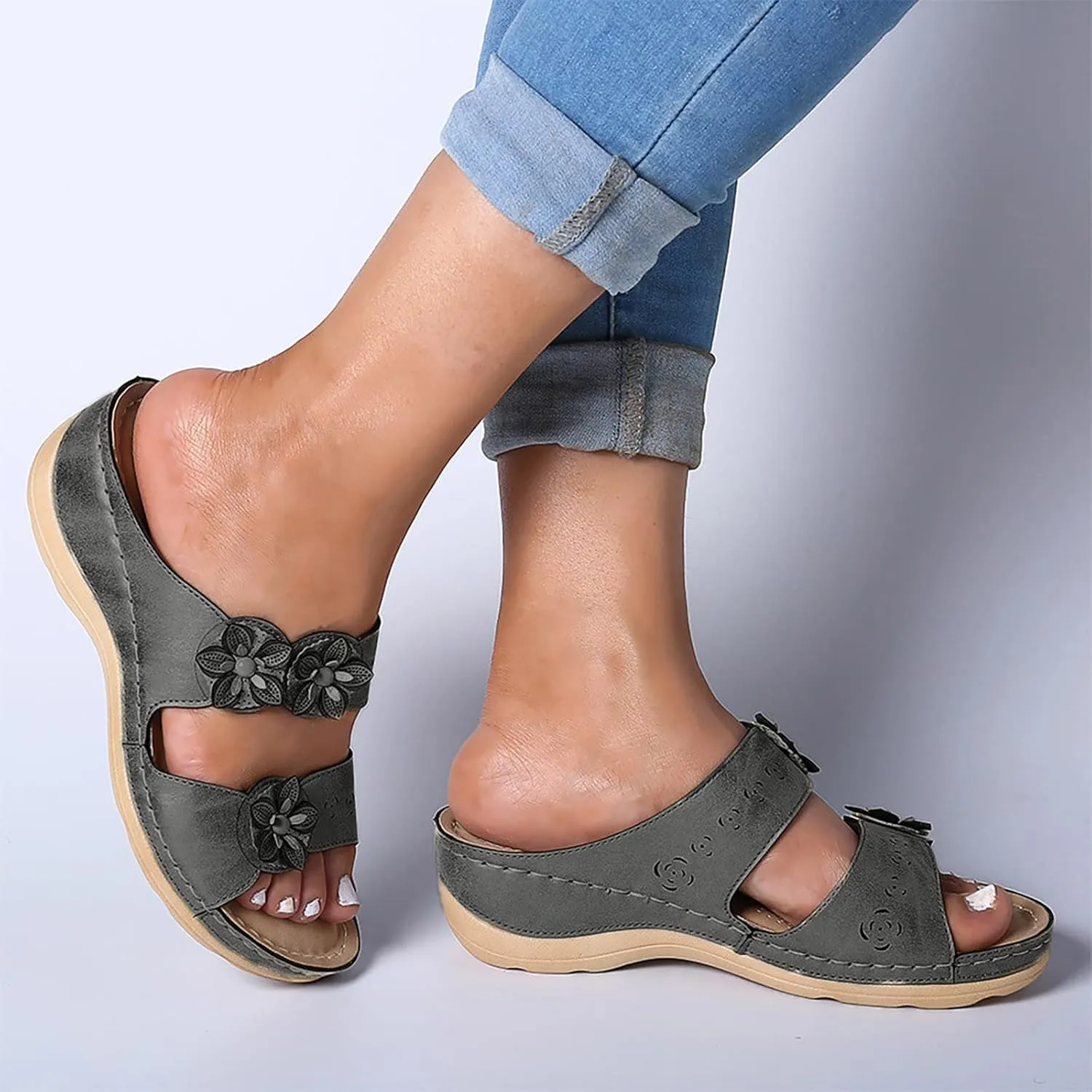 Eduavar Orthopedic Sandals for Women, Sandals Women Dressy Floral Sandals Breathable Open Toe Slip On Sandal Walking Slippers