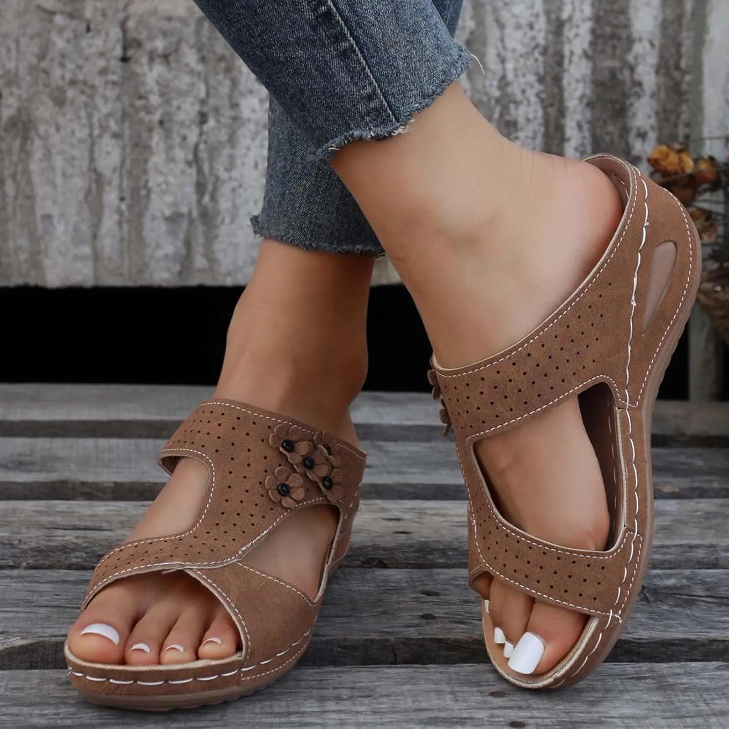 Eduavar Orthopedic Sandals for Women, Womens Sandals Casual Summer Low Wedge Sandals Breathable Open Toe Walking Sandals