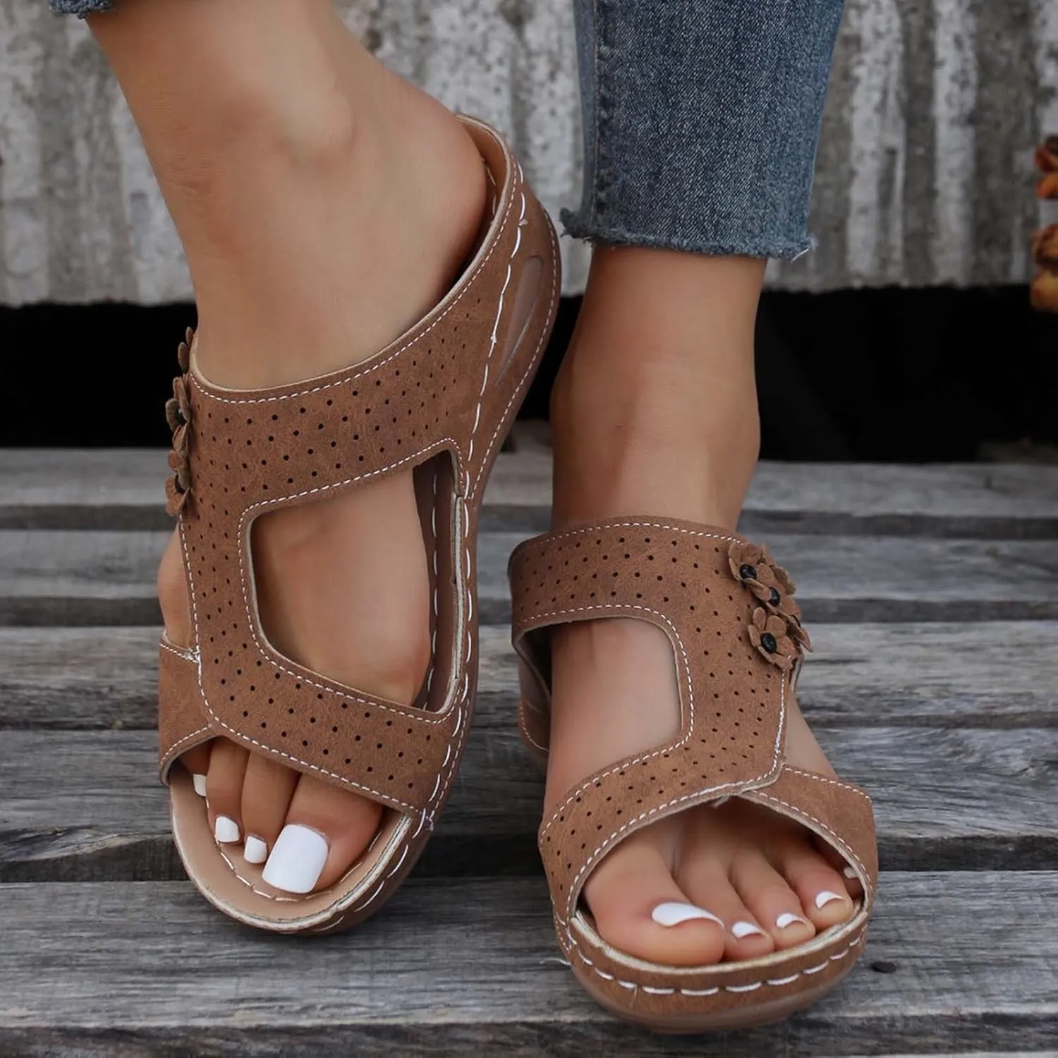 Eduavar Orthopedic Sandals for Women, Womens Sandals Casual Summer Low Wedge Sandals Breathable Open Toe Walking Sandals