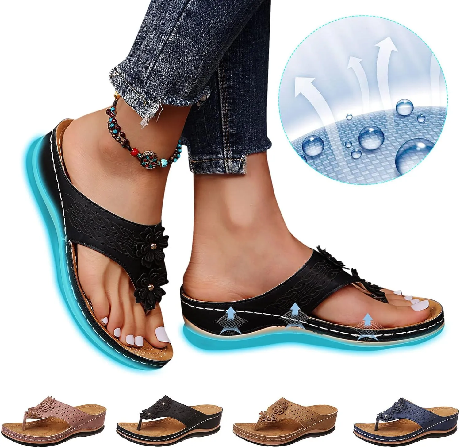 Eduavar Orthopedic Sandals for Women, Womens Sandals Comfortable Flip Flops Summer Beach Wedge Sandals with Arch Support