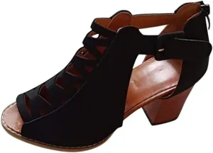 Eduavar Sandals for Women Casual Summer, Womens Sandals Dressy Heel Breathable Hollow Out Chunky Low Heel Sandals with Buckle