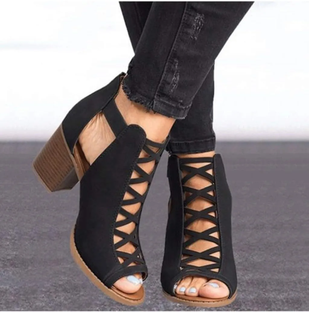 Eduavar Sandals for Women Casual Summer, Womens Sandals Dressy Heel Breathable Hollow Out Chunky Low Heel Sandals with Buckle