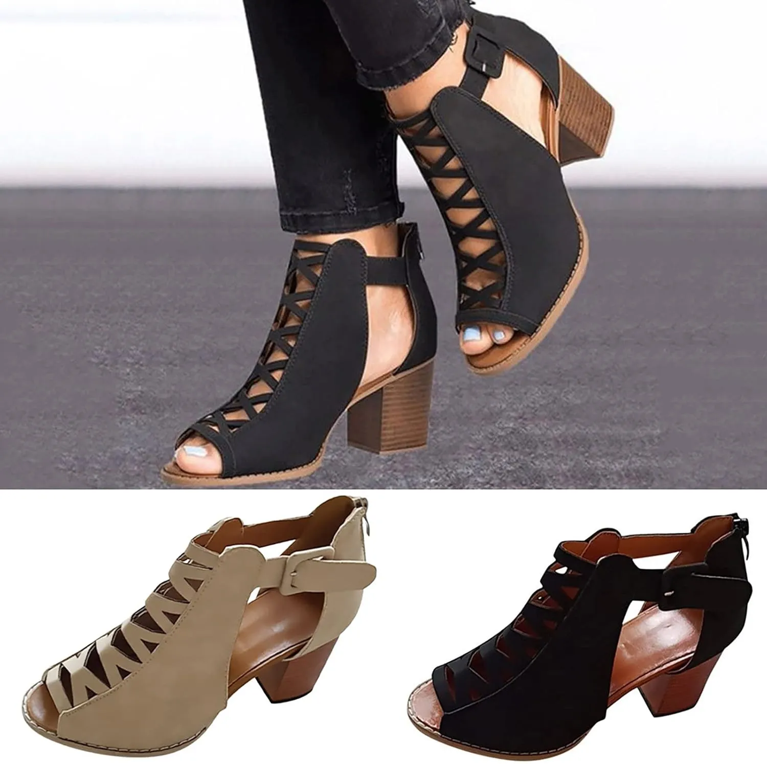 Eduavar Sandals for Women Casual Summer, Womens Sandals Dressy Heel Breathable Hollow Out Chunky Low Heel Sandals with Buckle