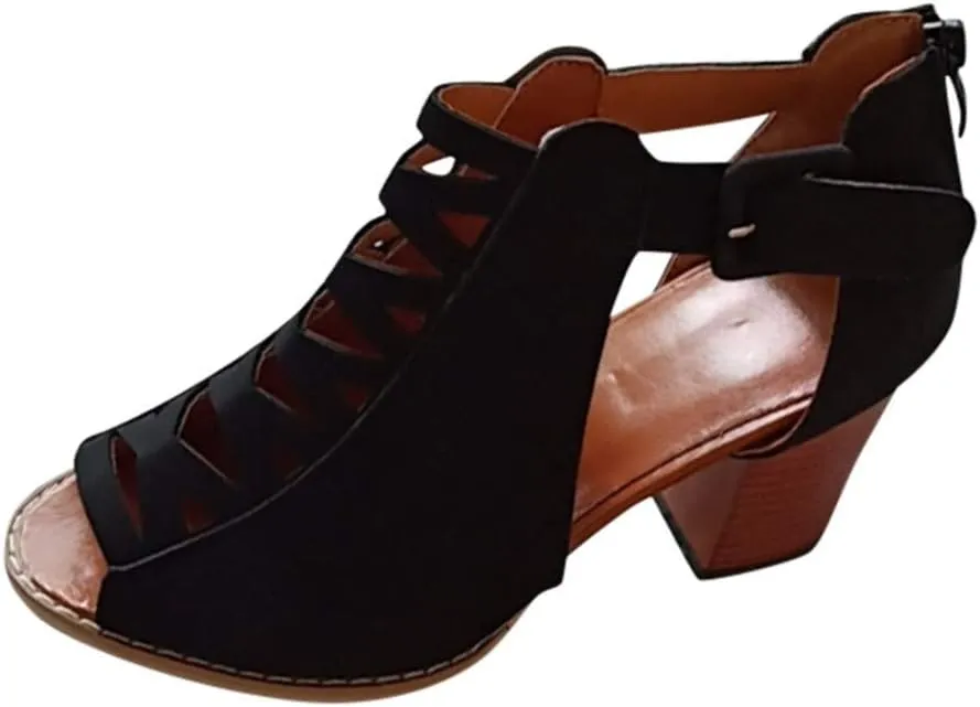 Eduavar Sandals for Women Casual Summer, Womens Sandals Dressy Heel Breathable Hollow Out Chunky Low Heel Sandals with Buckle