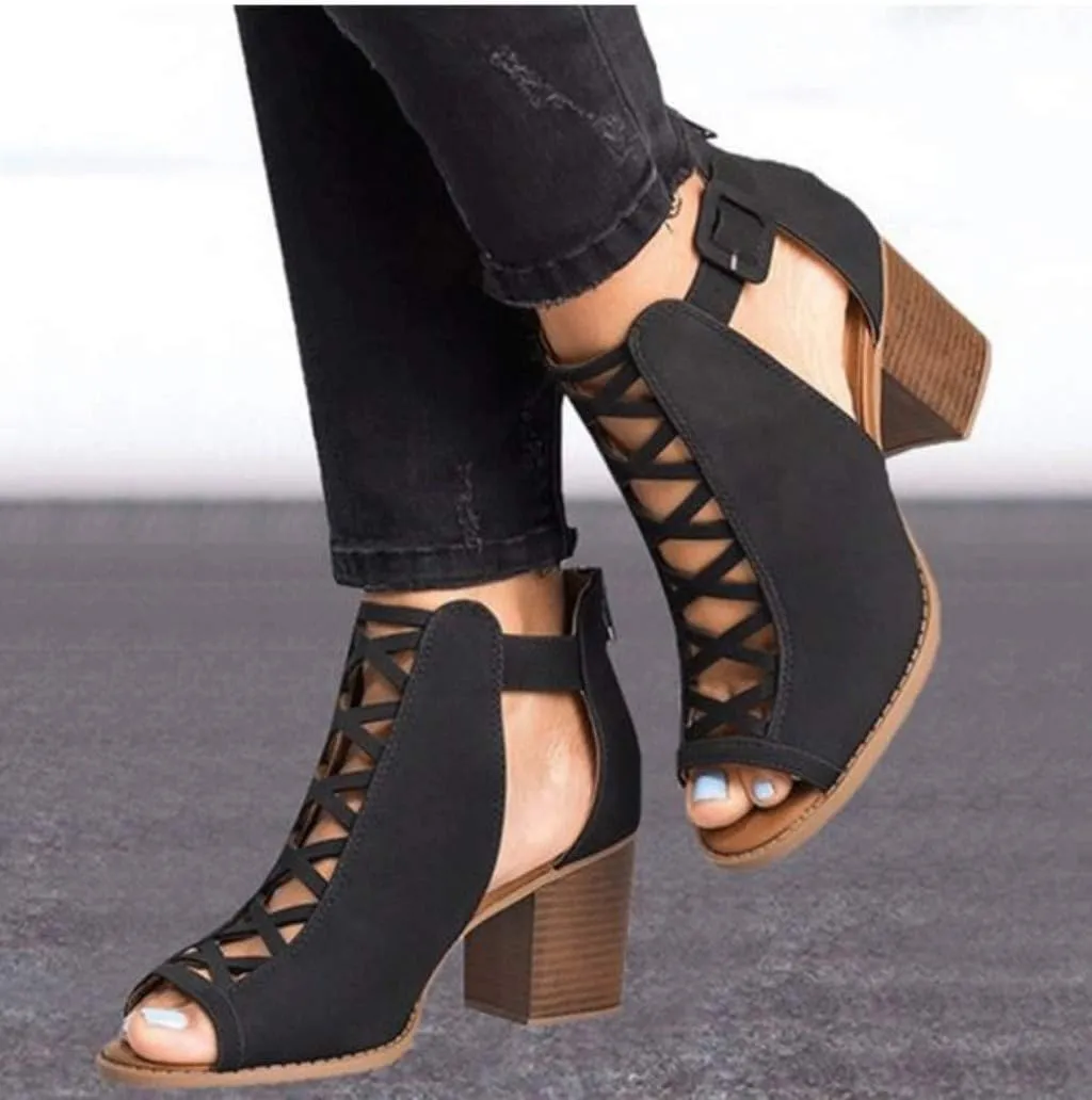 Eduavar Sandals for Women Casual Summer, Womens Sandals Dressy Heel Breathable Hollow Out Chunky Low Heel Sandals with Buckle