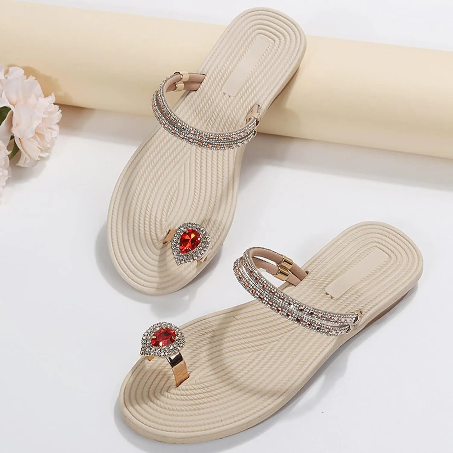 Eduavar Sandals for Women Dressy Summer, Orthopedic Sandals for Women Rhinestone Flat Sandals Comfortable Ring Toe Slippers