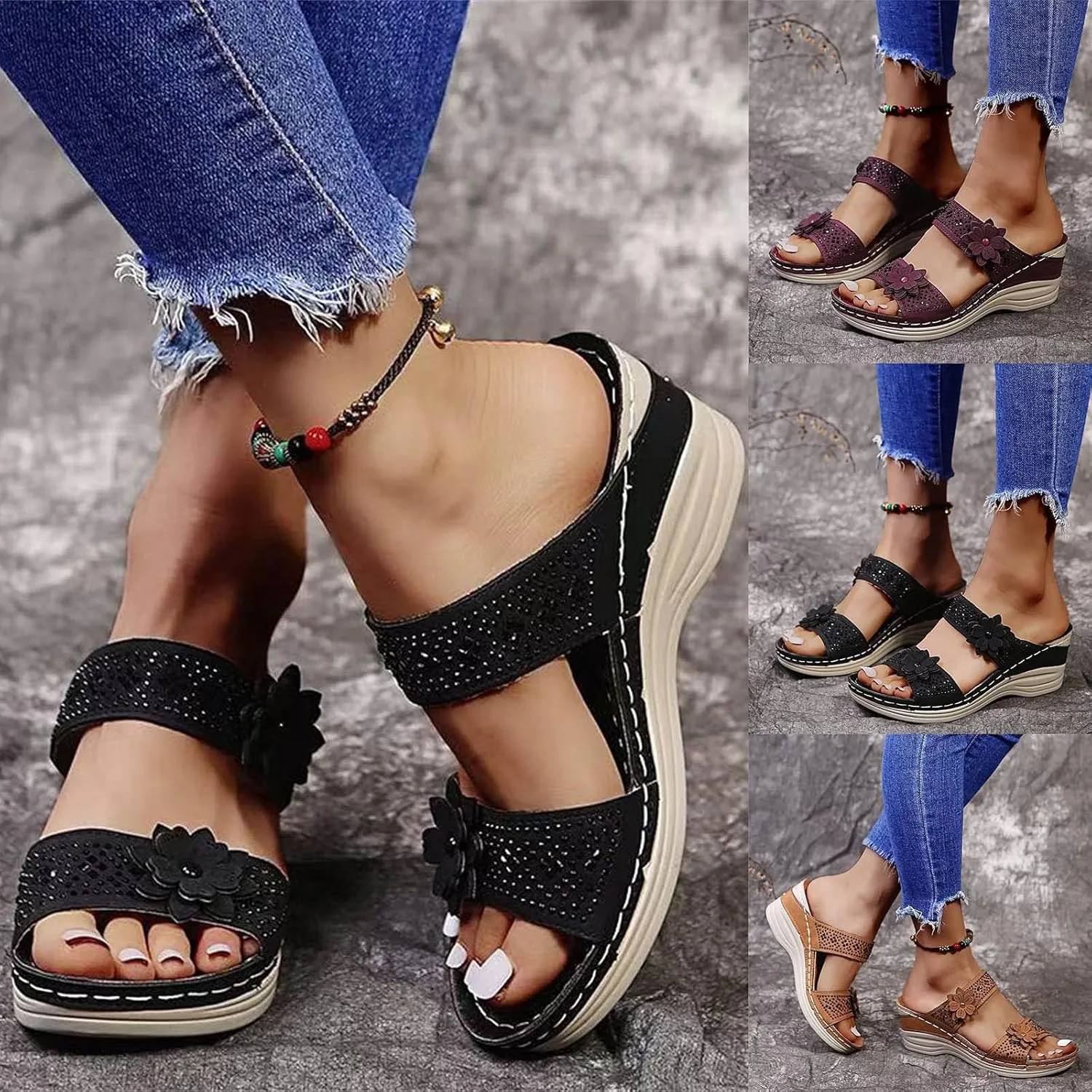 Eduavar Sandals for Women Dressy Summer, Wedge Sandals for Women Breathable Open Toe Sandals Floral Travel Beach Sandals