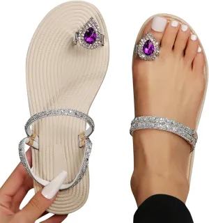 Eduavar Summer Sandals for Women 2023, Orthopedic Sandals for Women Rhinestone Flat Sandals Comfortable Ring Toe Slippers