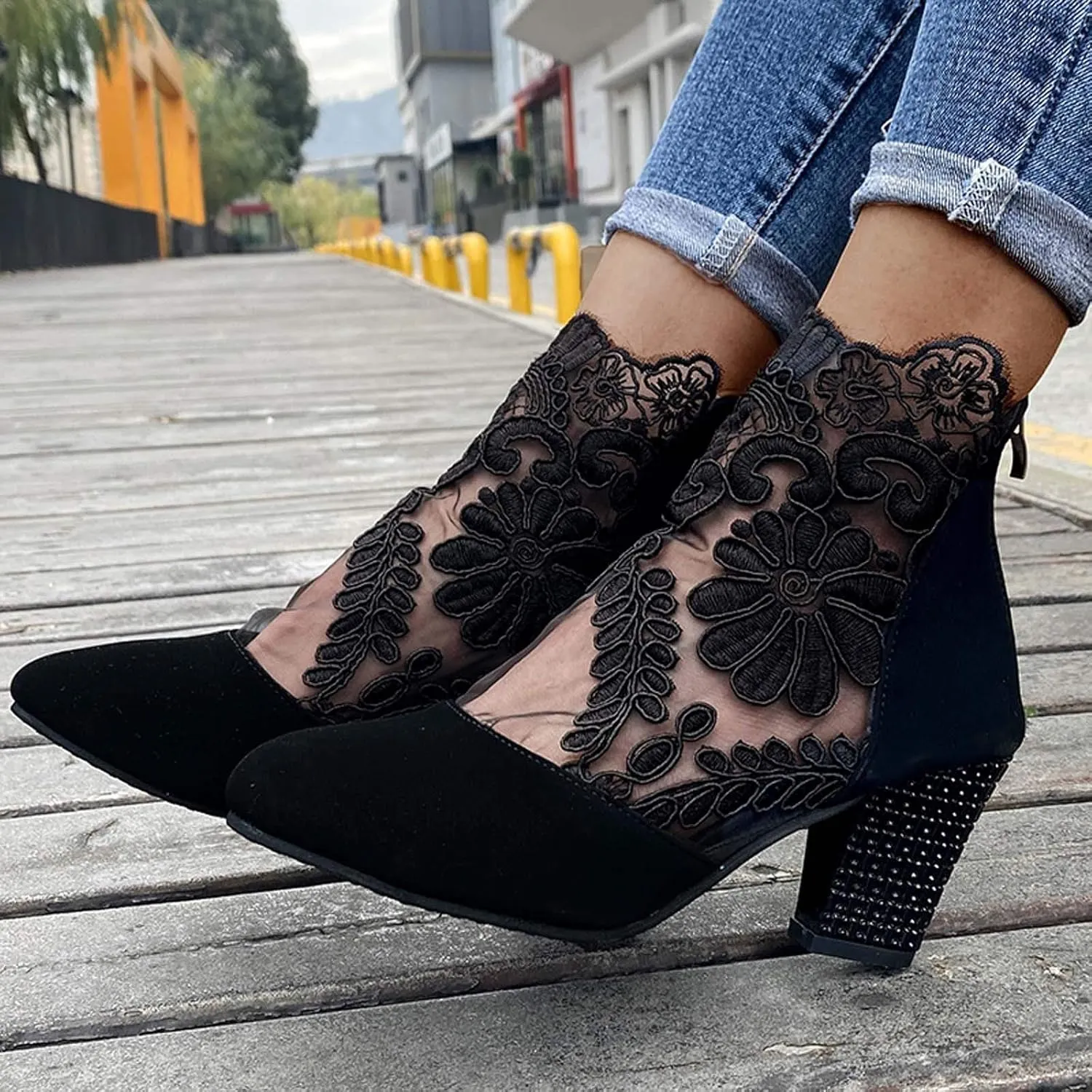 Eduavar Summer Sandals for Women 2023, Sandals Women Dressy Summer Close Toe Boot Sandals Lace Floral Heels Sandals Shoes