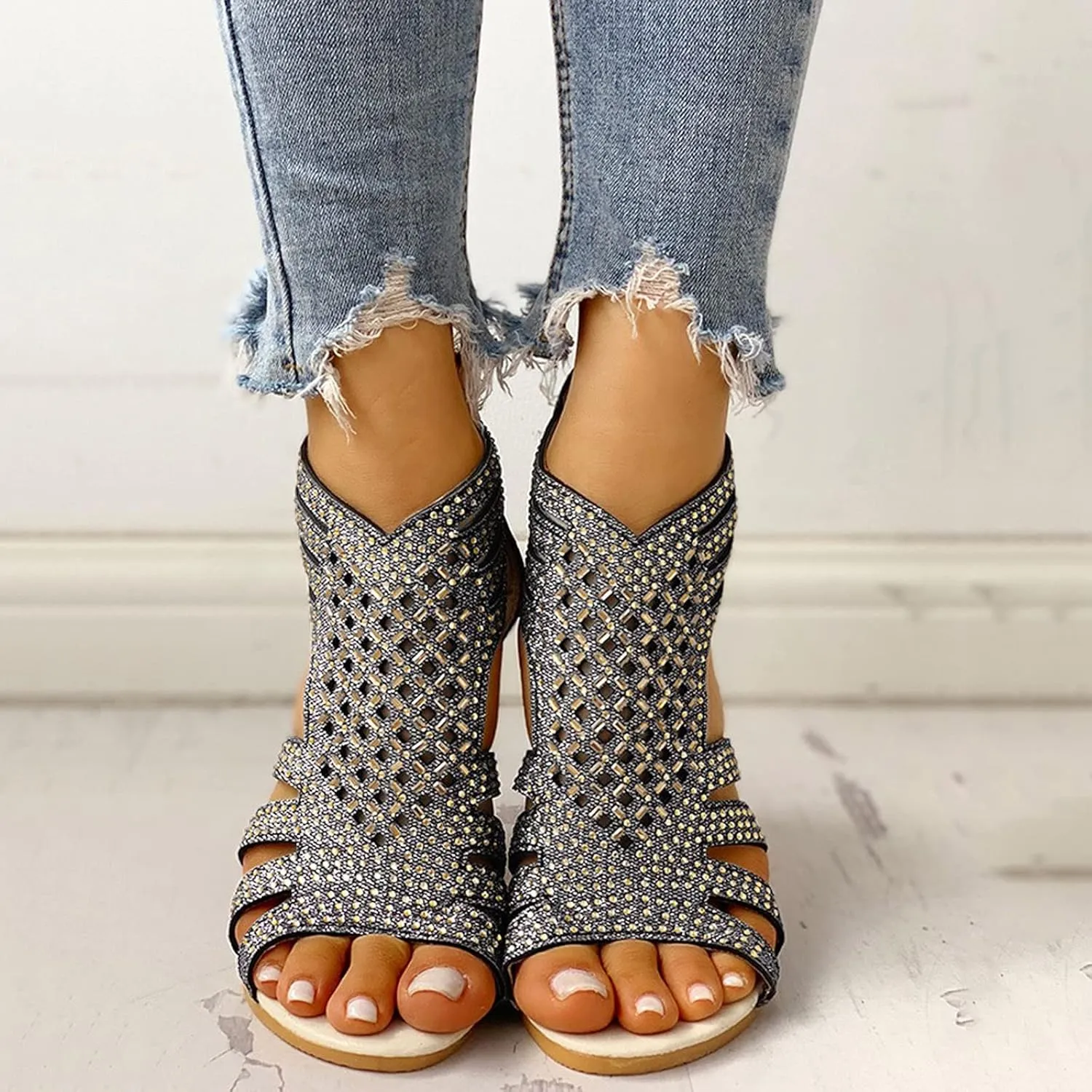 Eduavar Womens Wedge Sandals, Orthopedic Sandals for Women Low Wedge Sandals Cutout Zip Up Crystal Sandals Shoes