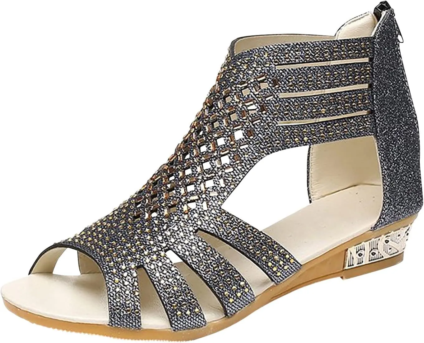 Eduavar Womens Wedge Sandals, Orthopedic Sandals for Women Low Wedge Sandals Cutout Zip Up Crystal Sandals Shoes
