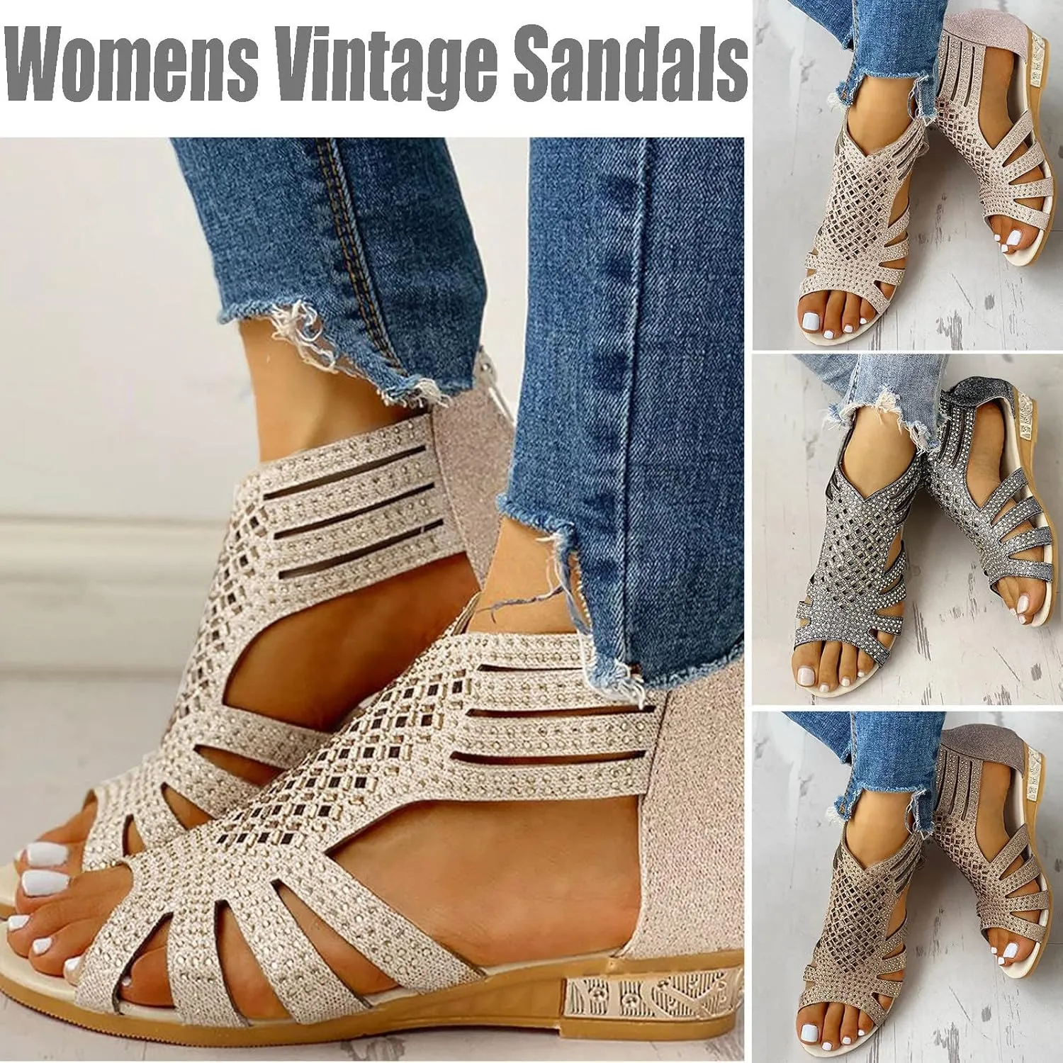 Eduavar Womens Wedge Sandals, Orthopedic Sandals for Women Low Wedge Sandals Cutout Zip Up Crystal Sandals Shoes