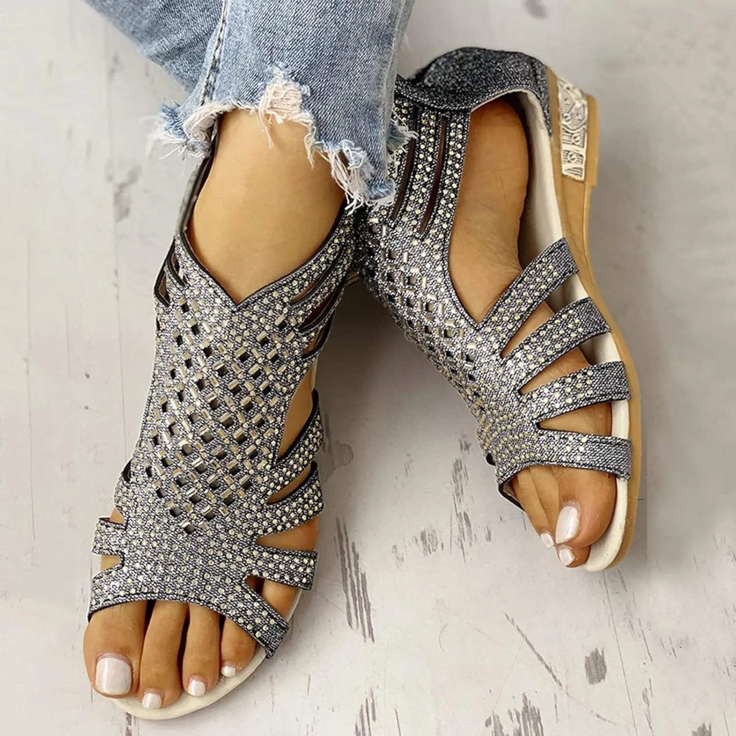 Eduavar Womens Wedge Sandals, Orthopedic Sandals for Women Low Wedge Sandals Cutout Zip Up Crystal Sandals Shoes
