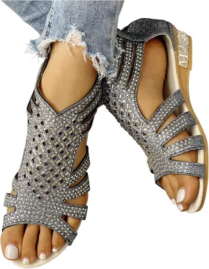 Eduavar Womens Wedge Sandals, Orthopedic Sandals for Women Low Wedge Sandals Cutout Zip Up Crystal Sandals Shoes