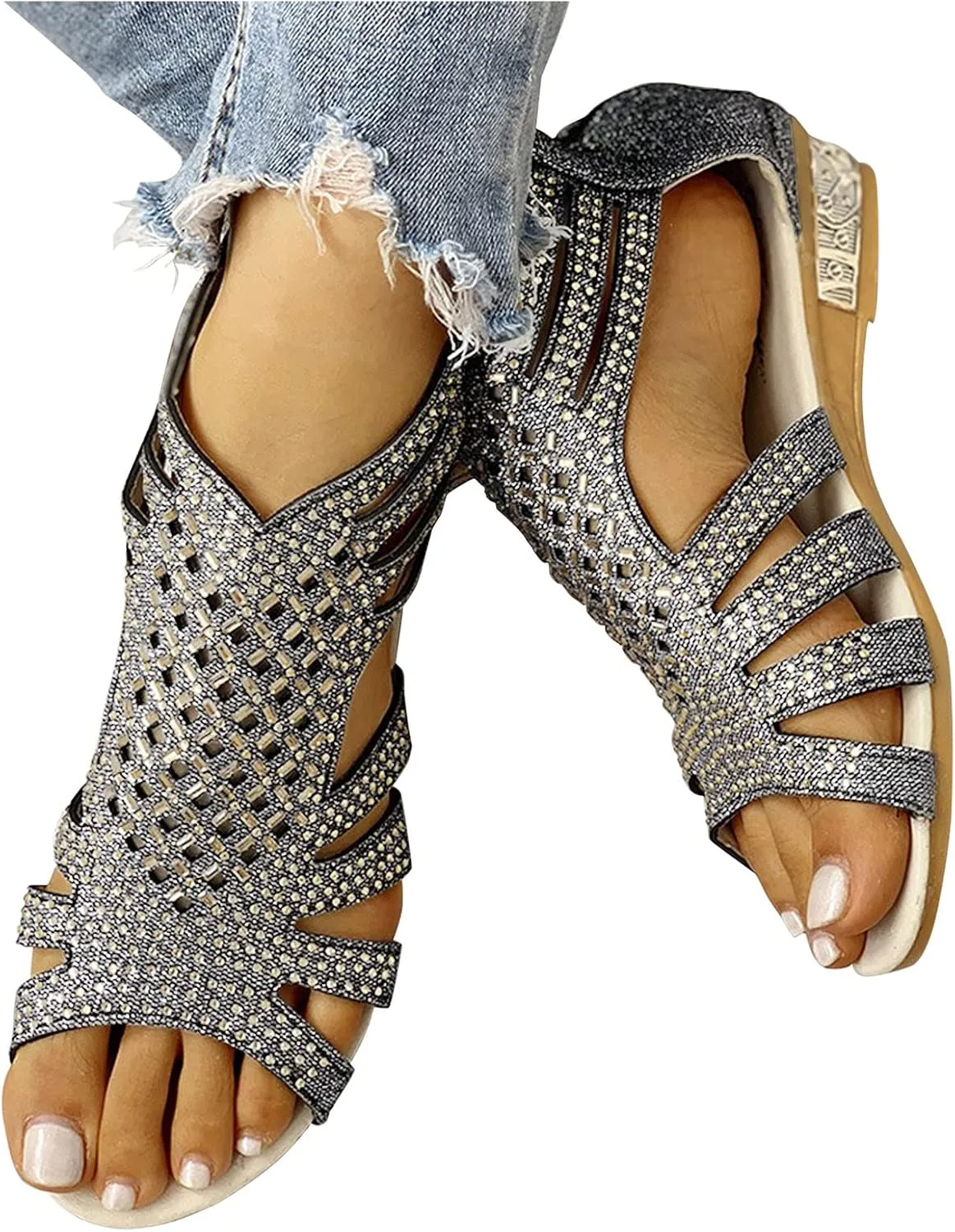 Eduavar Womens Wedge Sandals, Orthopedic Sandals for Women Low Wedge Sandals Cutout Zip Up Crystal Sandals Shoes