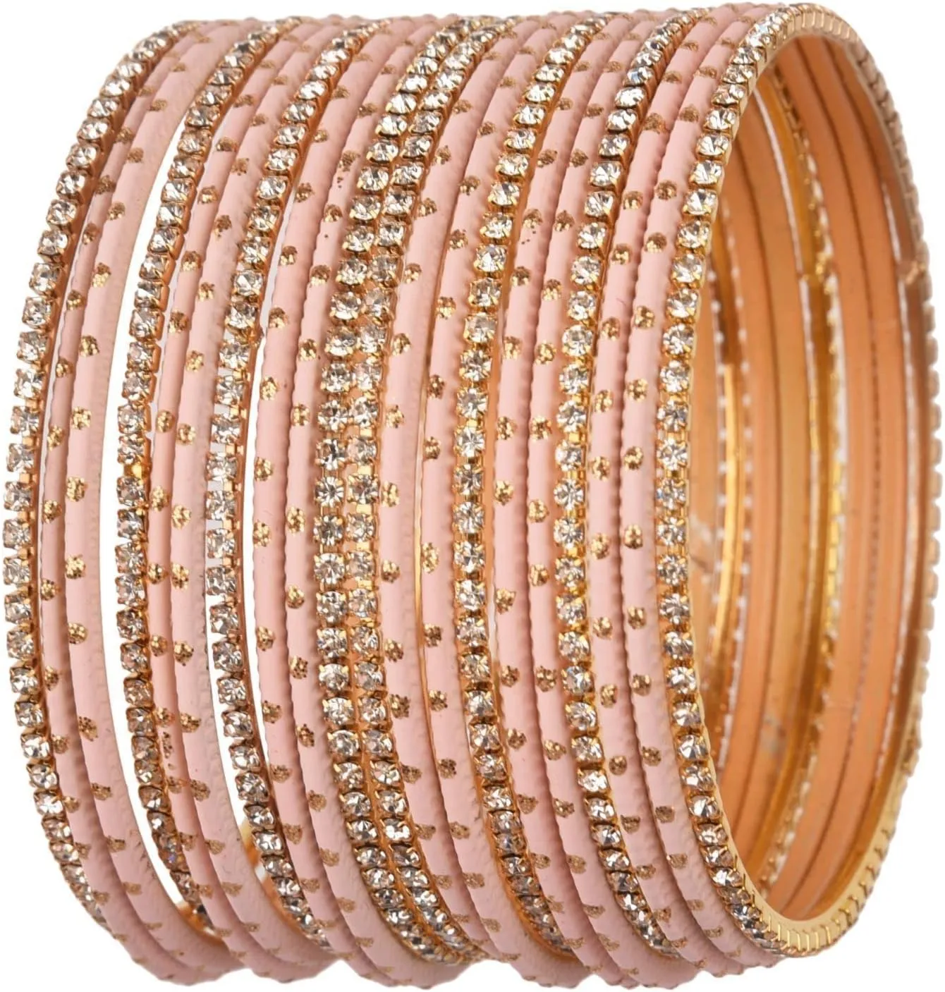 Efulgenz Indian Bangle Set Rhinestone CZ Plain Metal Bracelet Bangle Jewelry for Women (20 Pcs) Size-2.8, Peach Color